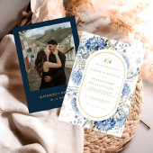 Navy Dusty Blauw Goud Bloemen Lente Bloei Bruiloft Kaart