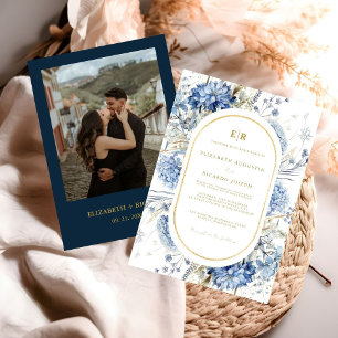 Navy Dusty Blauw Goud Bloemen Lente Bloei Bruiloft Kaart