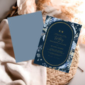 Navy Dusty Blauw Goud Bloemen Lente Bloei Bruiloft Kaart