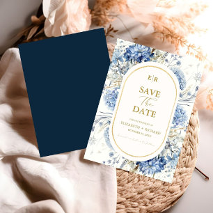 Navy Dusty Blauw Goud Bloemen Lente Bloei Bruiloft Kaart