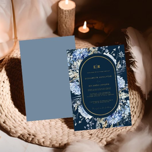 Navy Dusty Blauw Goud Bloemen Lente Bloei Bruiloft Kaart