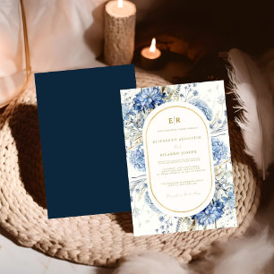 Navy Dusty Blauw Goud Bloemen Lente Bloei Bruiloft Kaart