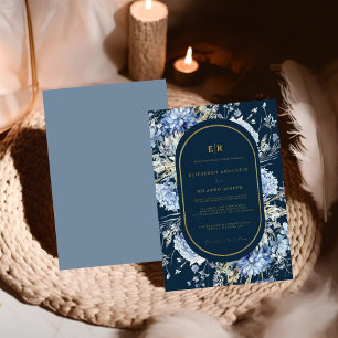 Navy Dusty Blauw Goud Bloemen Lente Bloei Bruiloft Kaart