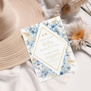 Navy Dusty Blauw Goud Bloemen Lente Bloei Bruiloft Kaart