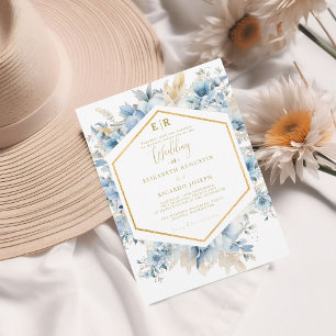 Navy Dusty Blauw Goud Bloemen Lente Bloei Bruiloft Kaart