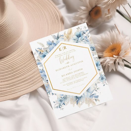 Navy Dusty Blauw Goud Bloemen Lente Bloei Bruiloft Kaart