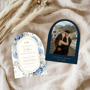 Navy Dusty Blauw Goud Bloemen Lente Bloei Bruiloft Kaart