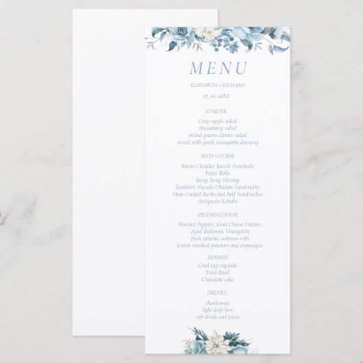 Navy Dusty Blauw Goud Bloemen Lente Bloei Bruiloft Menu (Voorkant / Achterkant)