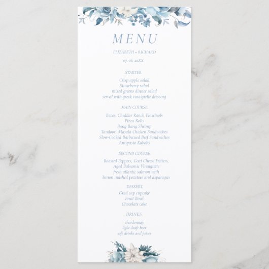 Navy Dusty Blauw Goud Bloemen Lente Bloei Bruiloft Menu (Voorkant)
