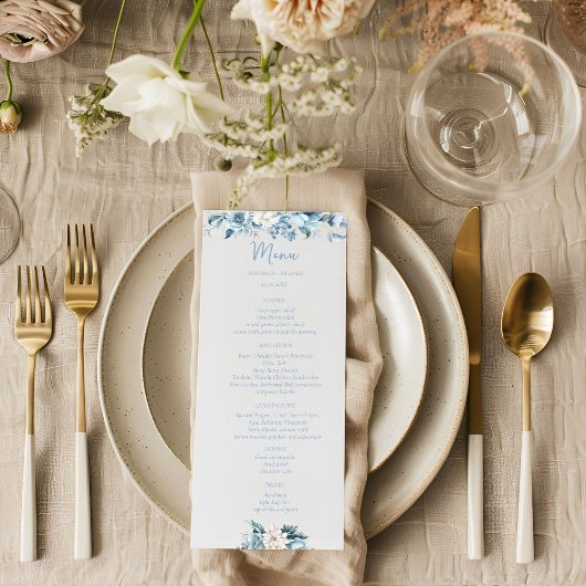Navy Dusty Blauw Goud Bloemen Lente Bloei Bruiloft Menu