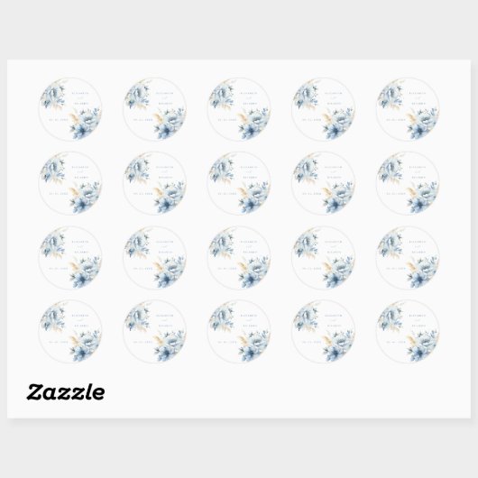 Navy Dusty Blauw Goud Bloemen Lente Bloei Bruiloft Ronde Sticker (Vel)