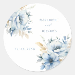 Navy Dusty Blauw Goud Bloemen Lente Bloei Bruiloft Ronde Sticker