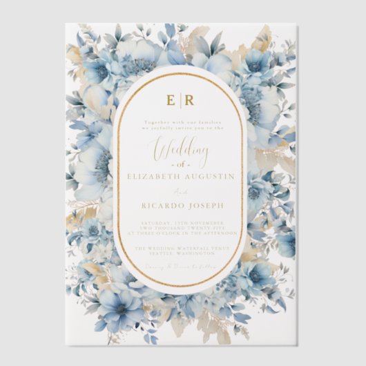 Navy Dusty Blauw Goud Bloemen Lente Bloei Bruiloft Vellum Uitnodigingen (Voorkant)