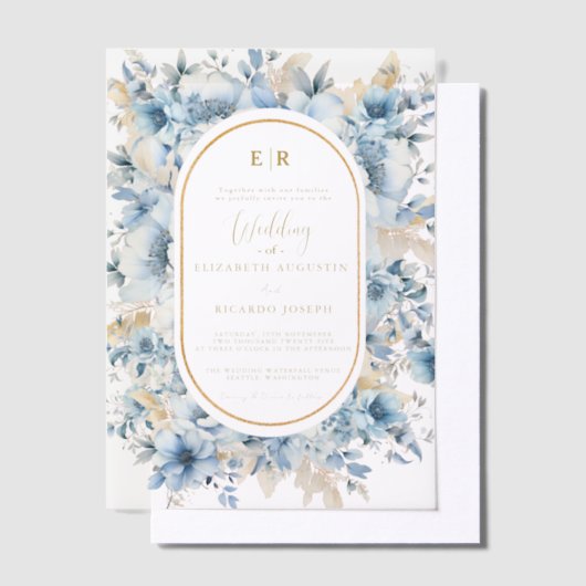 Navy Dusty Blauw Goud Bloemen Lente Bloei Bruiloft Vellum Uitnodigingen (Offset)