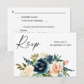 Navy & Dusty Blauw Roze Bloemen 2met Maaltijd RSVP (Voorkant / Achterkant)