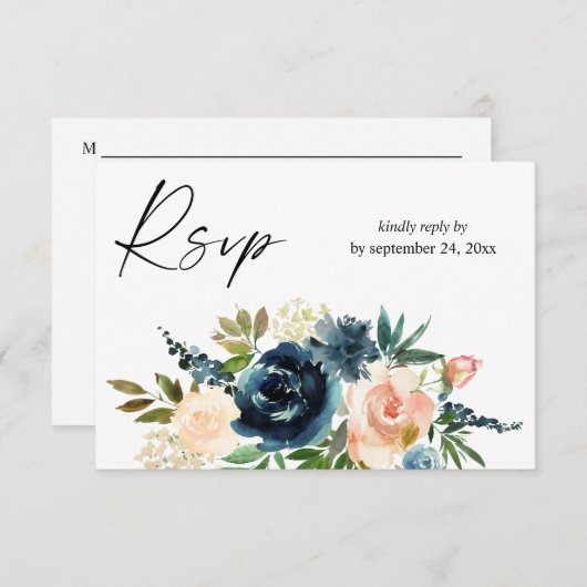 Navy & Dusty Blauw Roze Bloemen 2met Maaltijd RSVP (Voorkant / Achterkant)