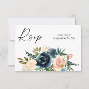 Navy & Dusty Blauw Roze Bloemen 2met Maaltijd RSVP