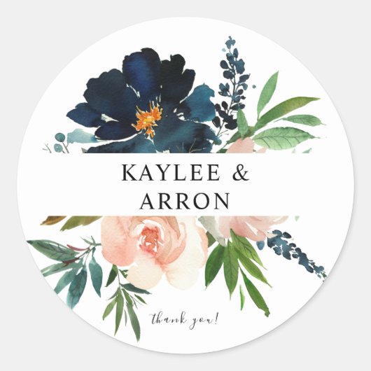 Navy & Dusty Blauw Roze Bloemen 3 Dank u Ronde Sticker (Voorkant)