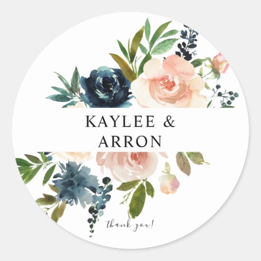 Navy & Dusty Blauw Roze Bloemen Dank u 2 Ronde Sticker (Voorkant)
