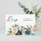 Navy & Dusty Blauw Roze Bloemen met Maaltijd RSVP  (Staand voorkant)