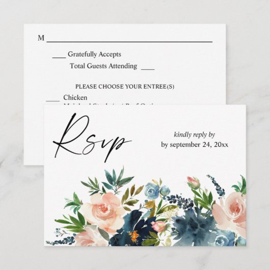 Navy & Dusty Blauw Roze Bloemen met Maaltijd RSVP (Voorkant / Achterkant)