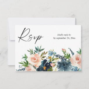 Navy & Dusty Blauw Roze Bloemen met Maaltijd RSVP  Kaartje