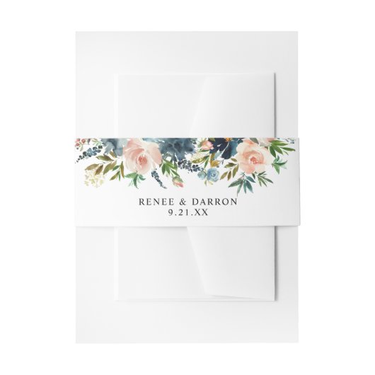 Navy & Dusty Blauw Roze Blush Bloemen 2 Uitnodigingen Wikkel (Voorkant Voorbeeld)
