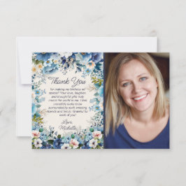 Navy Dusty Blauw Wit Bloemen Verjaardagsfoto Bedankkaart