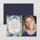 Navy Dusty Blauw Wit Bloemen Verjaardagsfoto Bedankkaart (Voorkant / Achterkant)