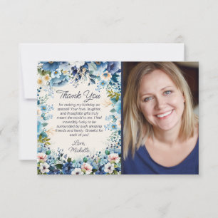 Navy Dusty Blauw Wit Bloemen Verjaardagsfoto Bedankkaart