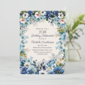 Navy Dusty Blauw Witte Bloemen 90e Verjaardag Kaart (Staand voorkant)