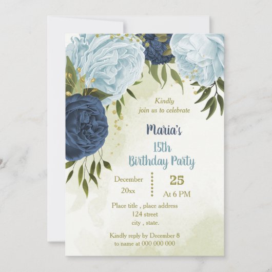 Navy Dusty Blauwe Bloemen Groene bladeren Verjaard Kaart (Voorkant)