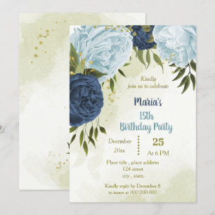 Navy Dusty Blauwe Bloemen Groene bladeren Verjaard Kaart