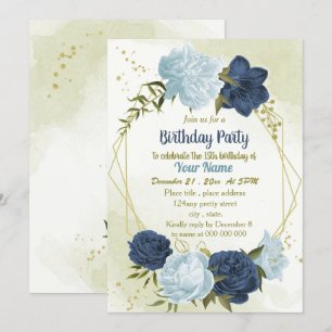 Navy Dusty Blauwe Bloemen Groene bladeren Verjaard Kaart