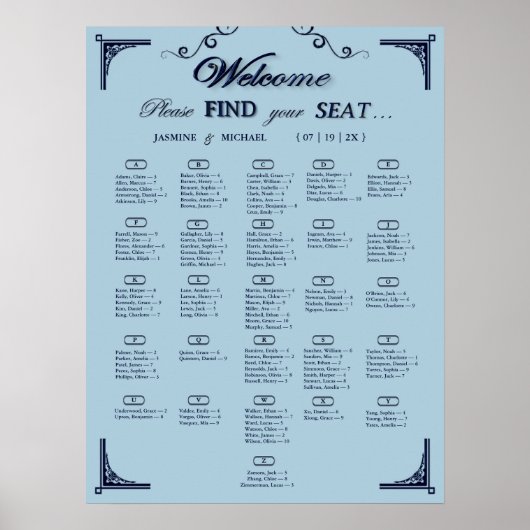 Navy Dusty Blue Alphabetical Wedding Seating Chart Poster (Voorkant)