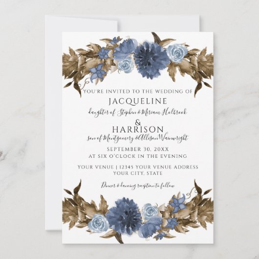 Navy Dusty Blue Bloemen Herfst Sepia Groen Bruilof Kaart (Voorkant)