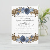 Navy Dusty Blue Bloemen Herfst Sepia Groen Bruilof Kaart (Staand voorkant)