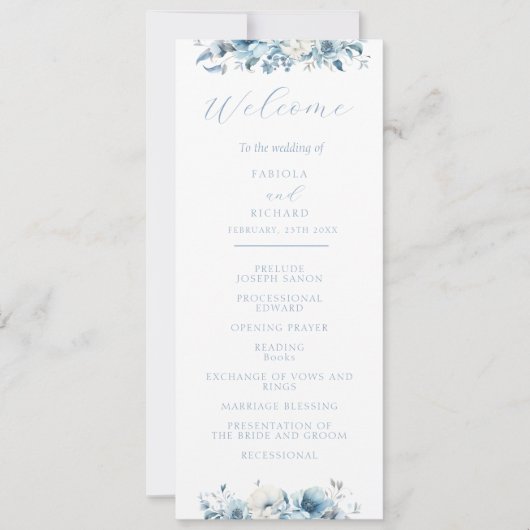 Navy Dusty Blue Bloom Floral Wedding Program Kaart (Voorkant)