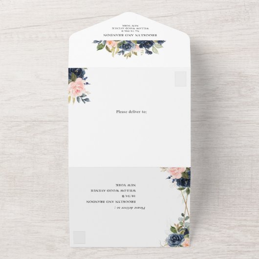 Navy Dusty Blue Blush Geometric Wedding All In One Uitnodiging (Buitenkant)