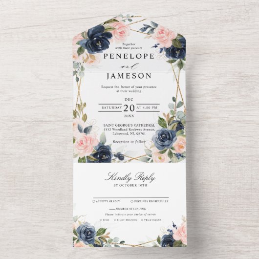 Navy Dusty Blue Blush Geometric Wedding All In One Uitnodiging (Binnen)