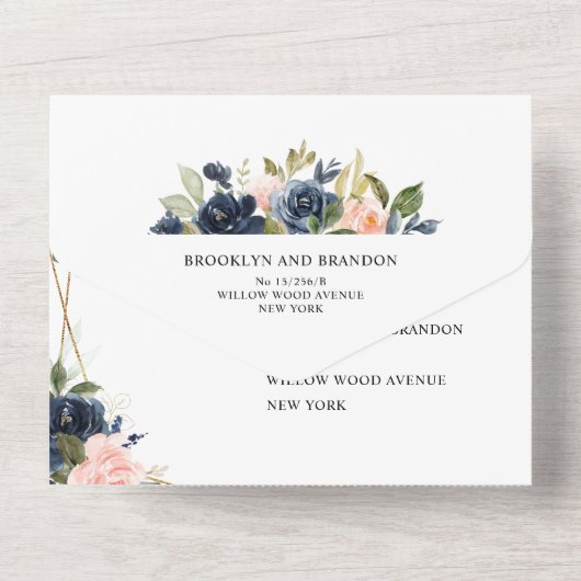 Navy Dusty Blue Blush Geometric Wedding All In One Uitnodiging (Achterkant)
