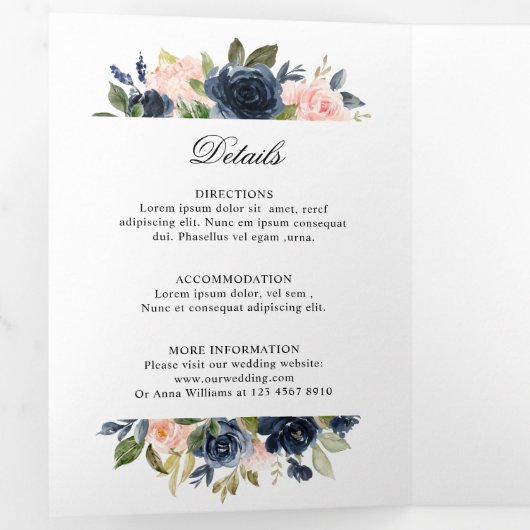 Navy Dusty Blue Blush Geometric Wedding Drieluik Programma (Binnenzijde eerst)
