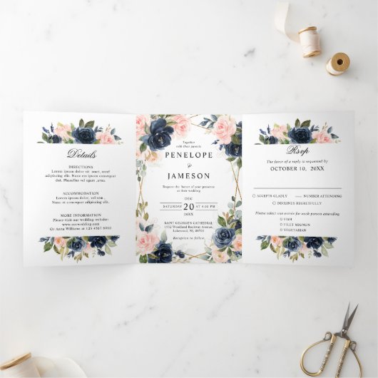 Navy Dusty Blue Blush Geometric Wedding Drieluik Programma (Binnen)