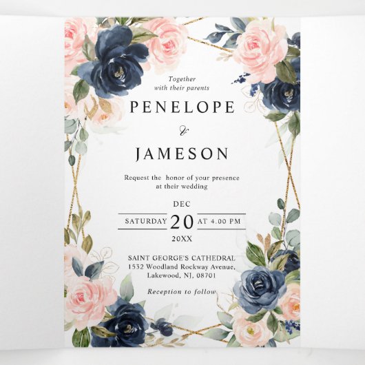 Navy Dusty Blue Blush Geometric Wedding Drieluik Programma (Binnenkant midden)