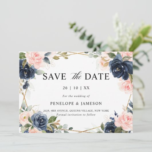 Navy Dusty Blue Blush Geometric Wedding Save The Date (Staand voorkant)