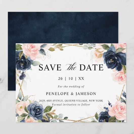 Navy Dusty Blue Blush Geometric Wedding Save The Date (Voorkant / Achterkant)