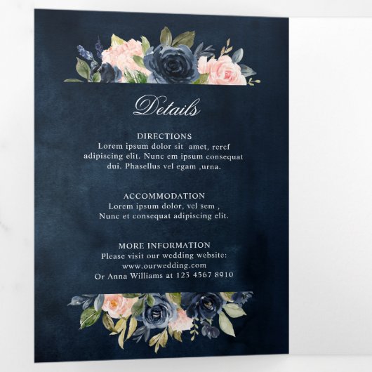 Navy Dusty Blue Blush Geometric Wedding Tri-Fold Drieluik Programma (Binnenzijde eerst)