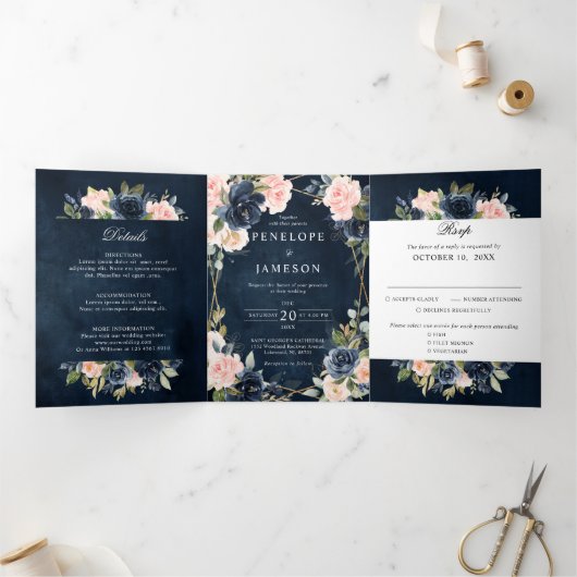 Navy Dusty Blue Blush Geometric Wedding Tri-Fold Drieluik Programma (Binnen)