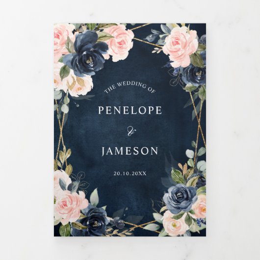 Navy Dusty Blue Blush Geometric Wedding Tri-Fold Drieluik Programma (Cover)