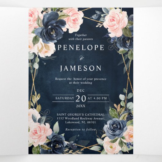 Navy Dusty Blue Blush Geometric Wedding Tri-Fold Drieluik Programma (Binnenkant midden)